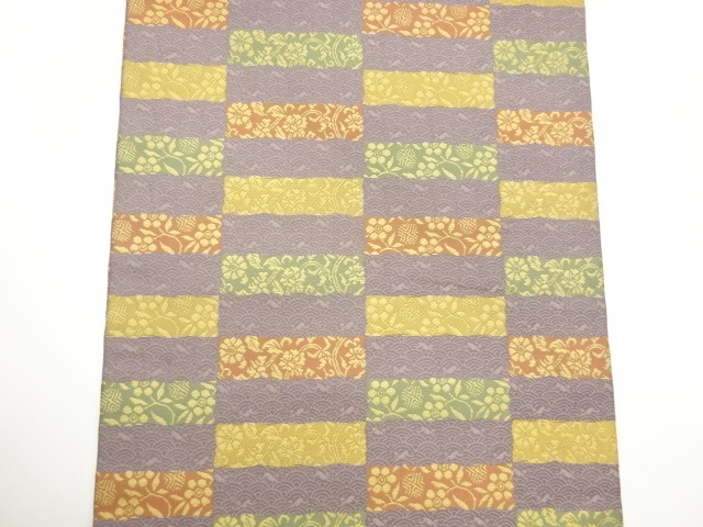  あらいそ製　縞・横段に青海波・花葉模様織出し開き名古屋帯（額縁仕立て）